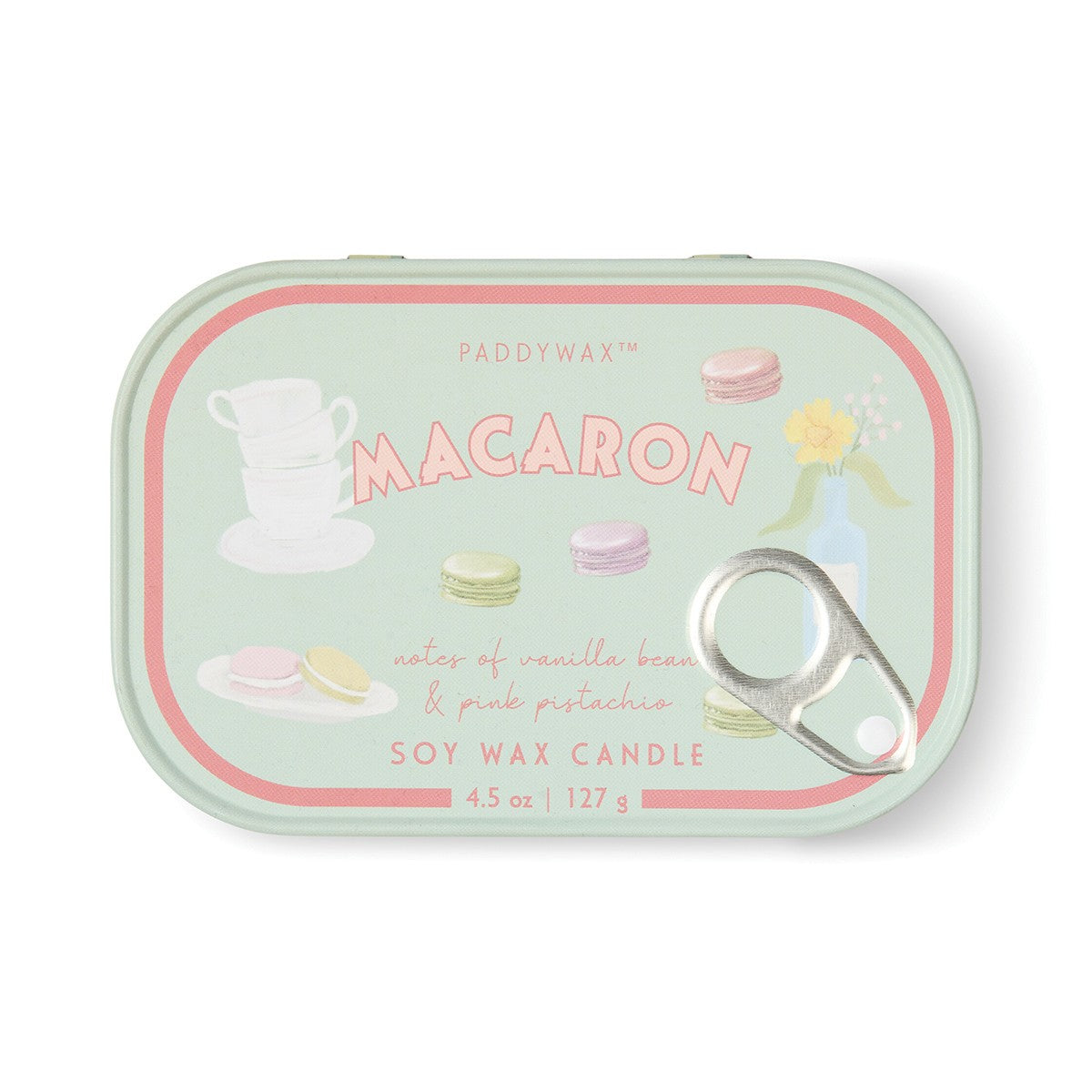 Paddywax Bistro 4.5oz/127g Macaron Printed Tin Candle - Amber & Pistachio
