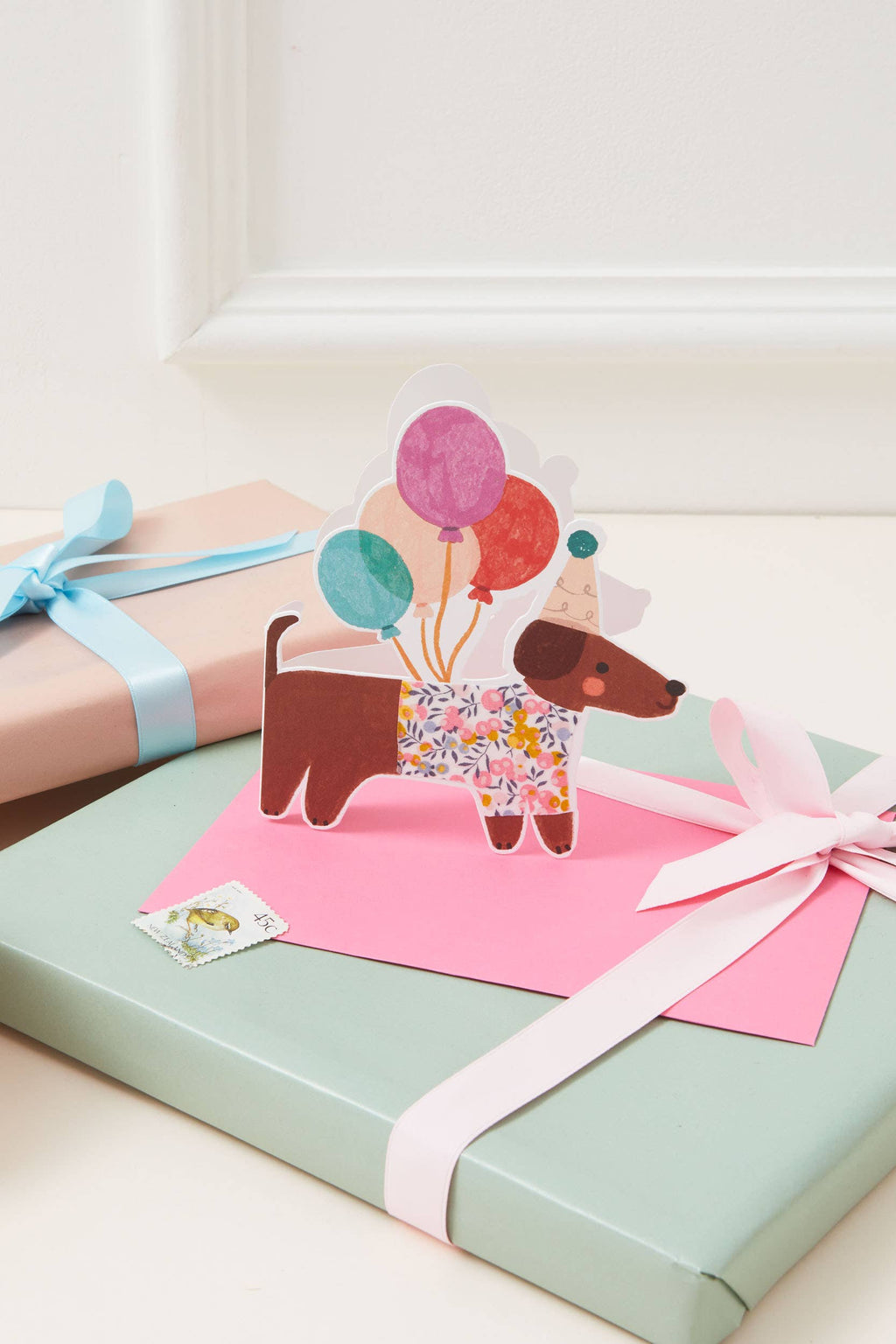 Sausage Dog Die Cut Card - Wiltshire Bud Liberty Fabric