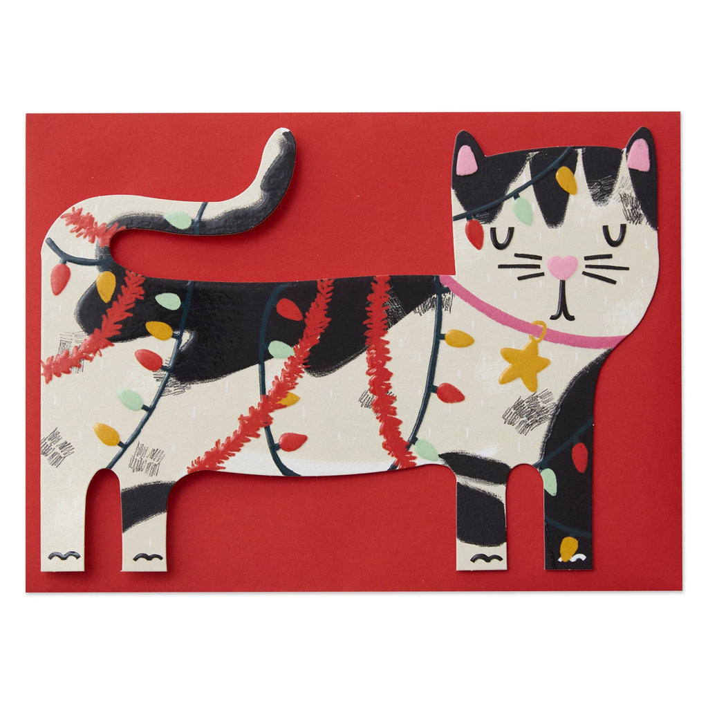 Black & White Cat - Tangled Lights Card