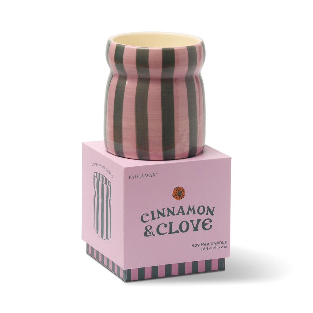 Paddywax Cabana Christmas 6.5oz/184g Pink/Green Striped Ceramic Candle - Cinnamon & Clove