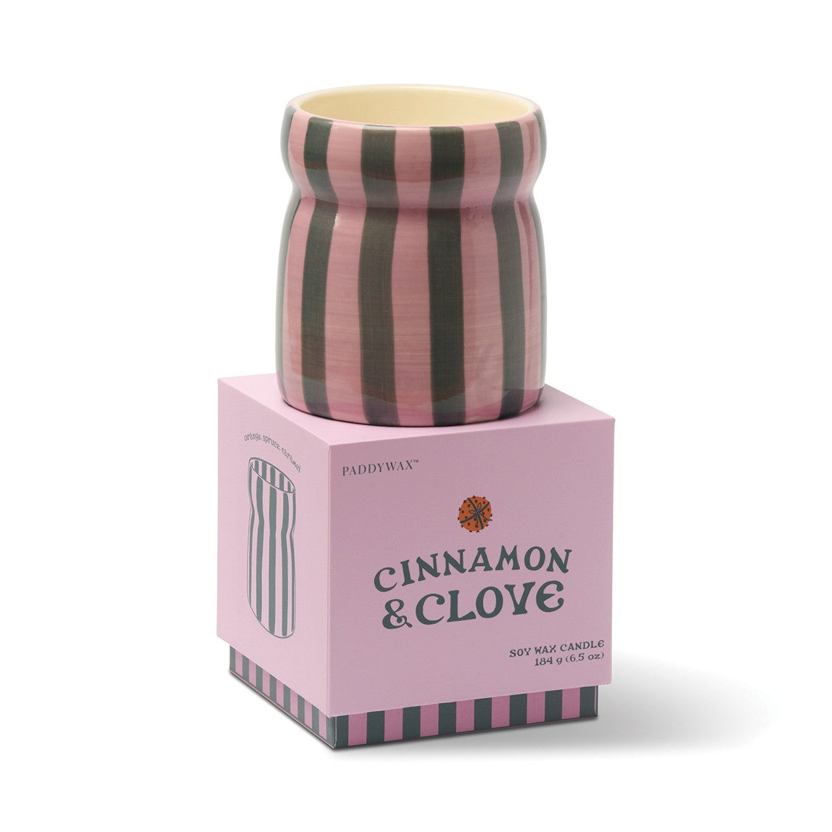 Paddywax Cabana Christmas 6.5oz/184g Pink/Green Striped Ceramic Candle - Cinnamon & Clove