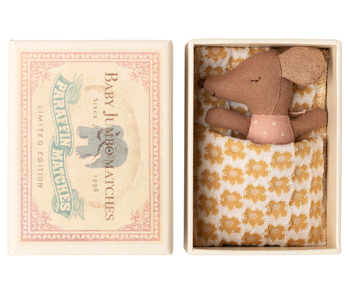 Maileg Sleepy wakey baby mouse in matchbox - Rose