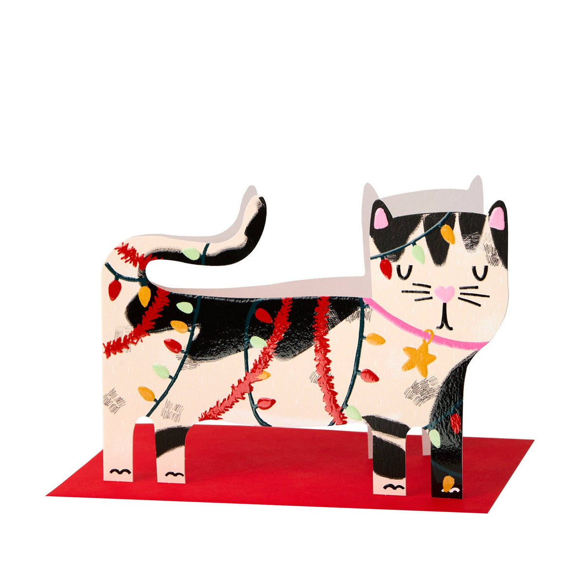 Black & White Cat - Tangled Lights Card