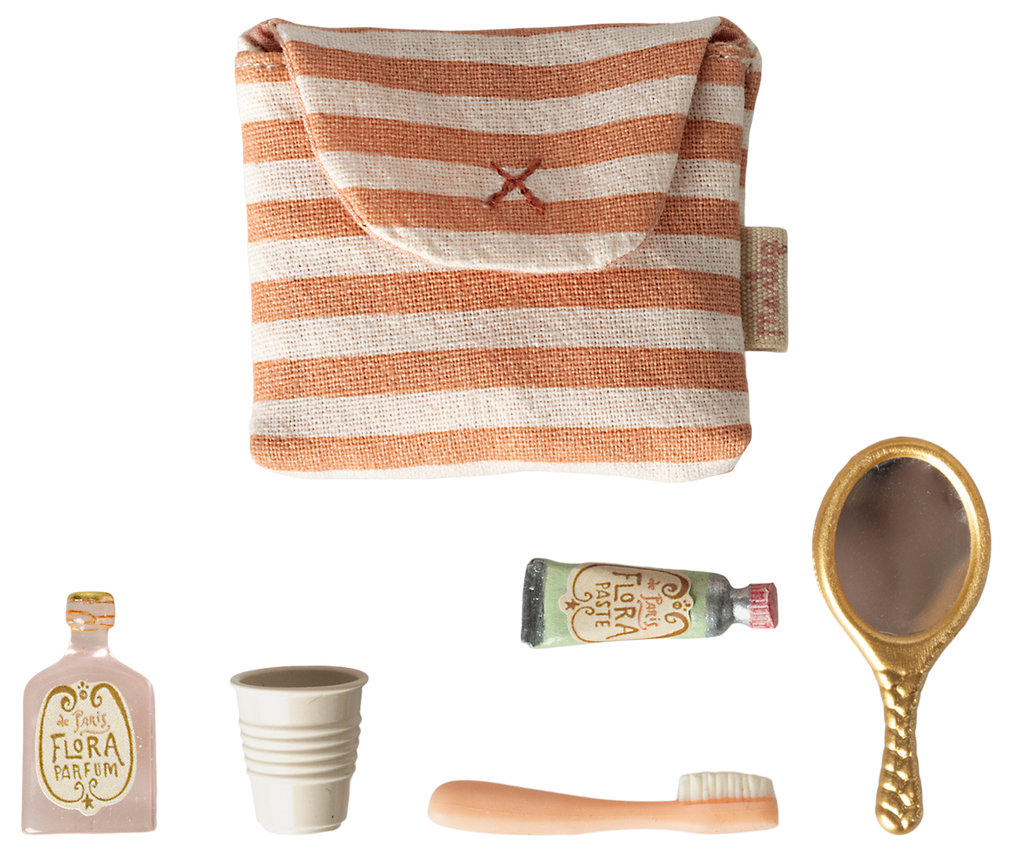 Maileg Toothbrush set in bag, Mouse - Coral stripe