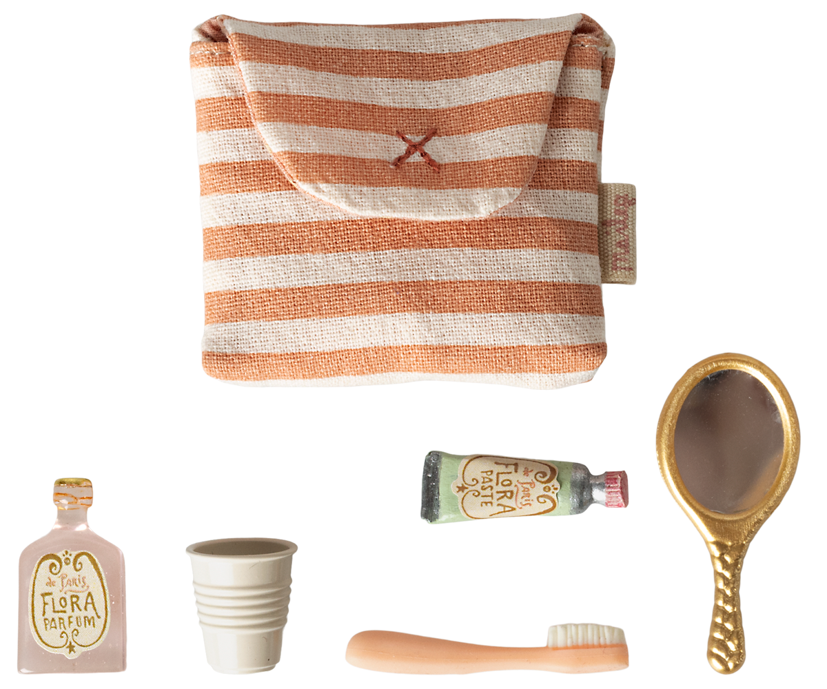 Maileg Toothbrush set in bag, Mouse - Coral stripe