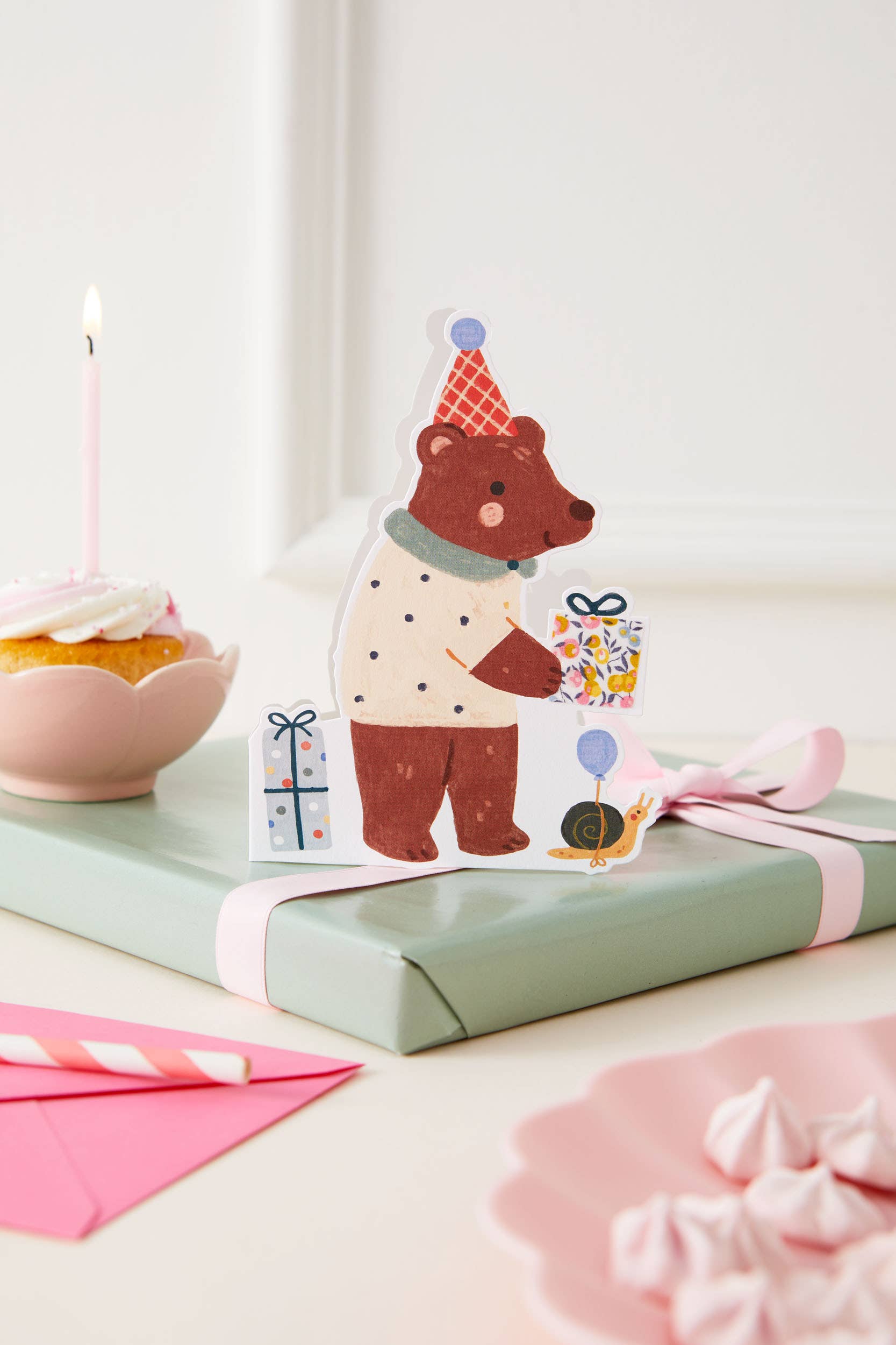Bear Die Cut Card - Wiltshire Bud Liberty Fabric