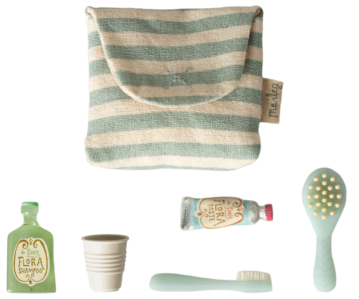 Maileg Toothbrush set in bag, Mouse - Blue stripe