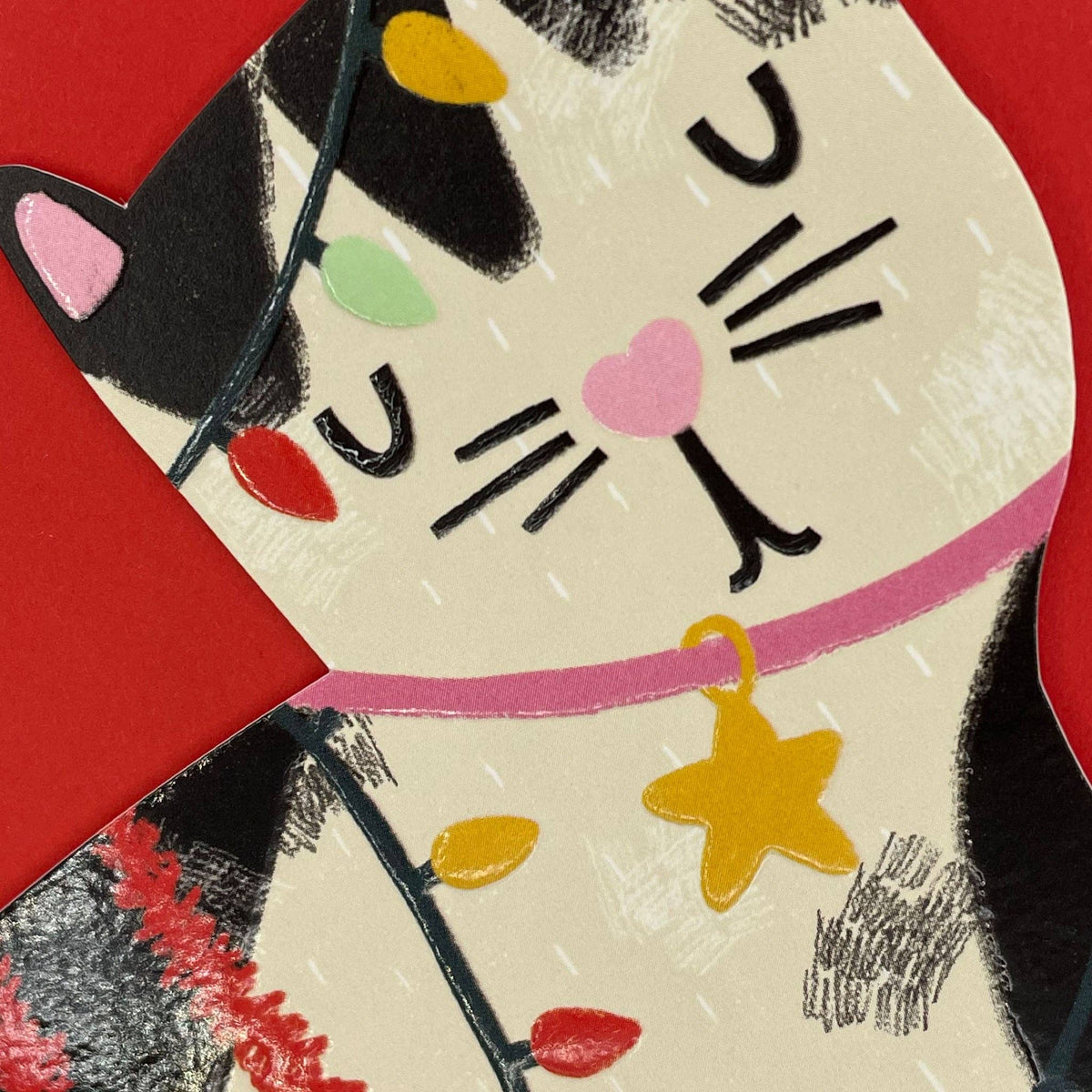 Black & White Cat - Tangled Lights Card