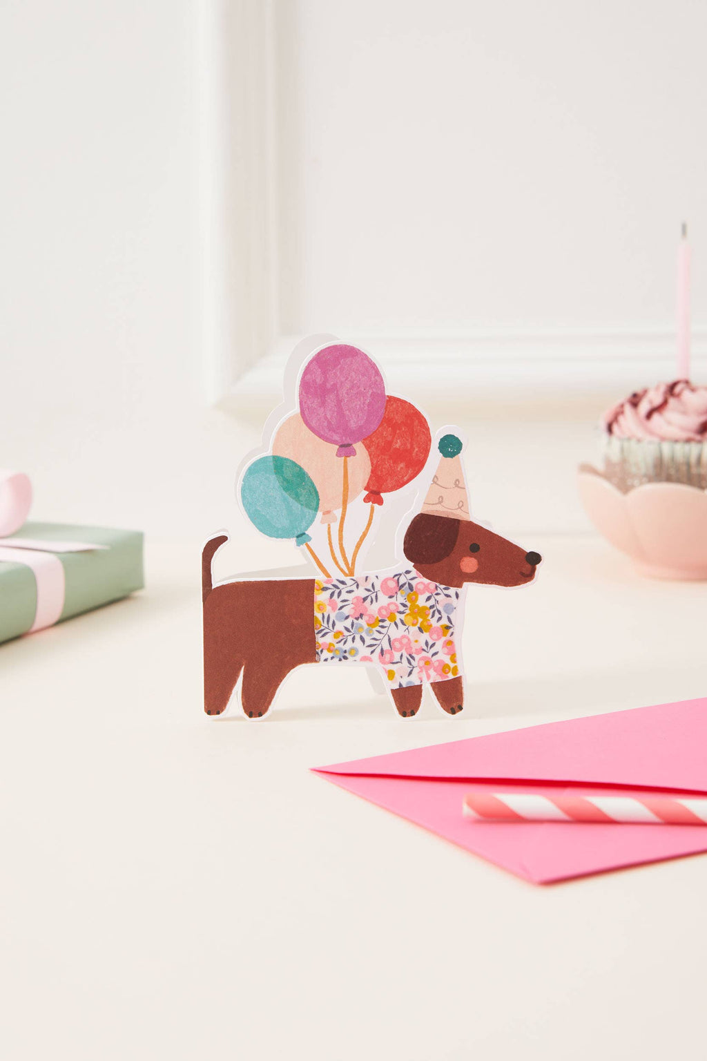 Sausage Dog Die Cut Card - Wiltshire Bud Liberty Fabric