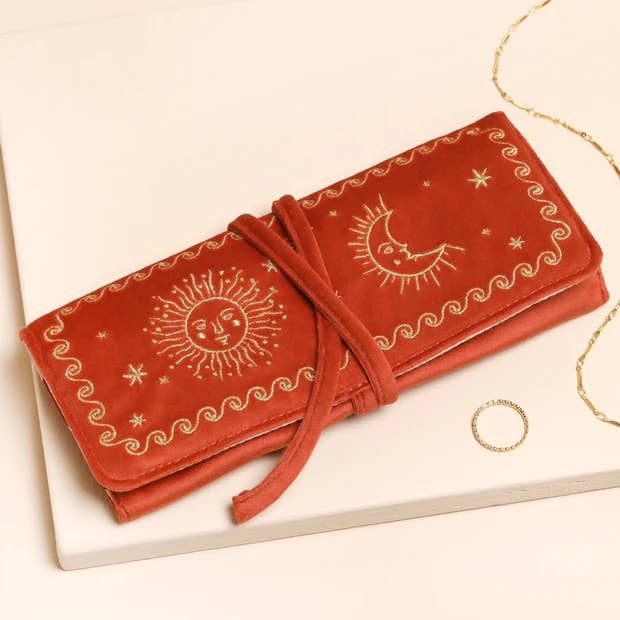 Rust Celestial Embroidered Velvet Jewellery Roll