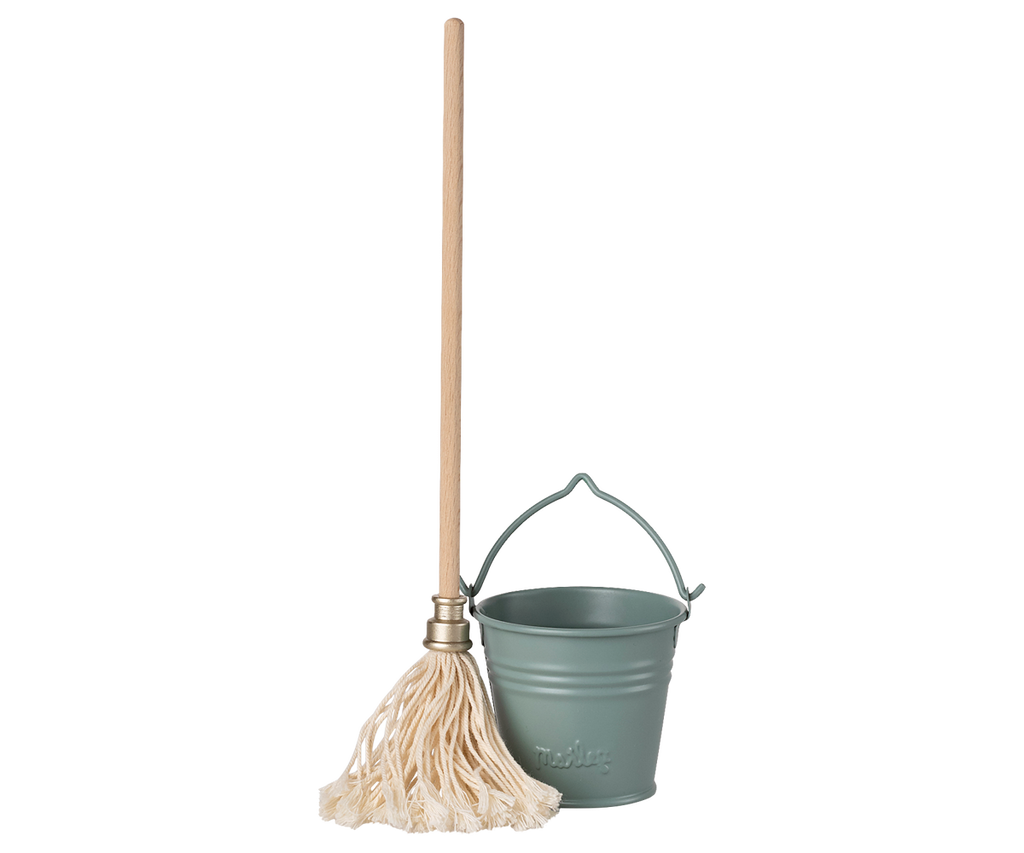Maileg Bucket & mop, Miniature - Light blue