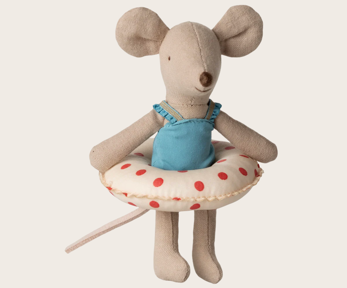 Maileg Beach mouse with float, Little sister - Red dots