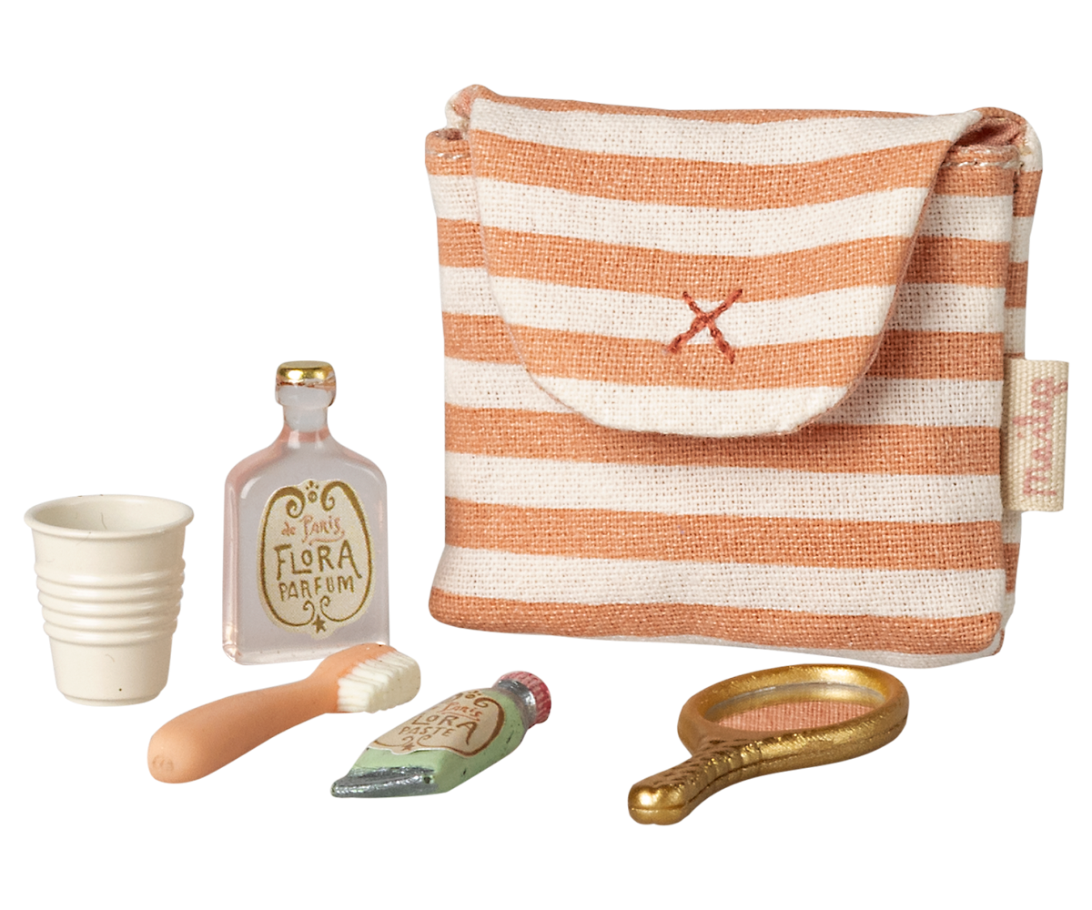 Maileg Toothbrush set in bag, Mouse - Coral stripe